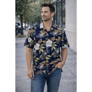 Pacific Legend Hawaiian Shirt L Blue Brown White Floral 100% Cotton Aloha USA